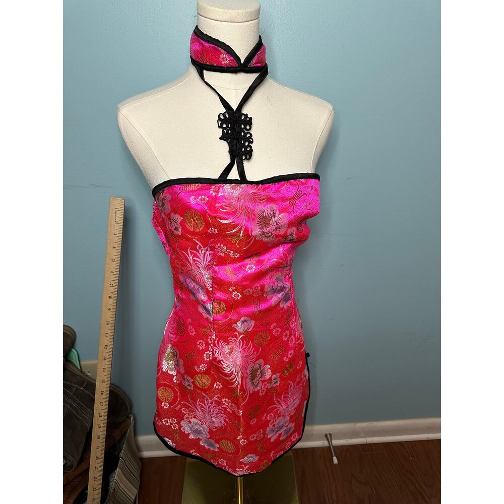 90's Pink Cheongsam Asian Mini Halter Dress with Blossoms // M